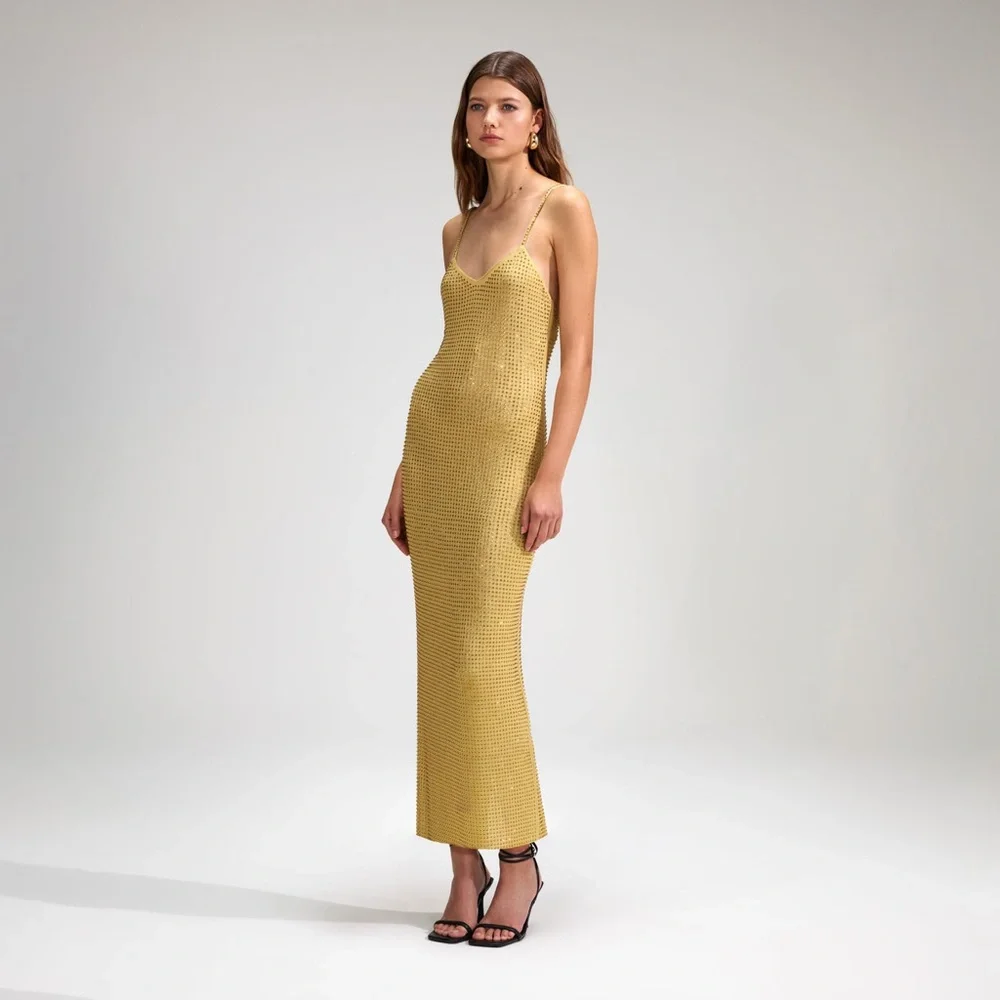 self-portrait YELLOW RHINESTONE MESH MIDI DRESS - Picture 3 of 14